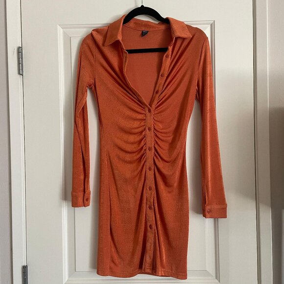Shein Women’s Ruched Mini Dress Sz S Orange Button Front Long Sleeve Collared - Picture 1 of 5
